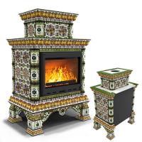 КимрПечь Кострома пристенный двухъярусный Август. Изразцовая печь камин (топка: Ладья-700) (топка: Ладья-700)